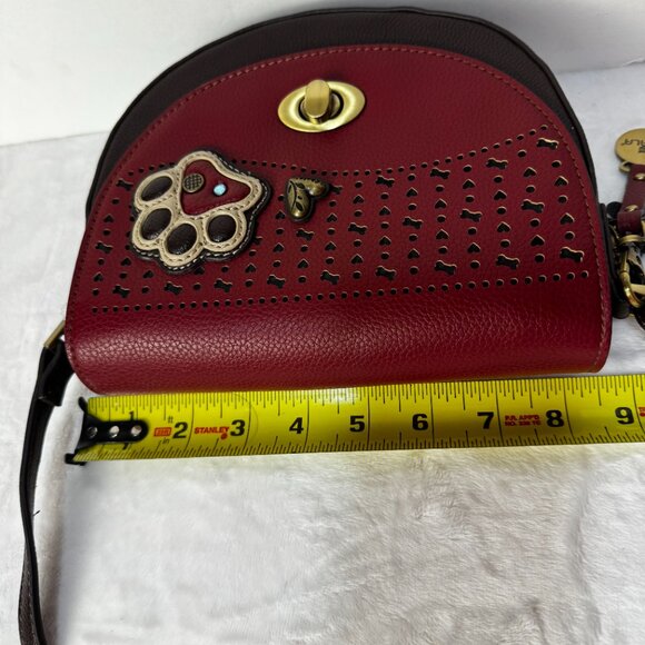 Chala Puppy Paw Print Half Moon Purse Faux Leather Red Brown Crossbody Keychain - Picture 9 of 16